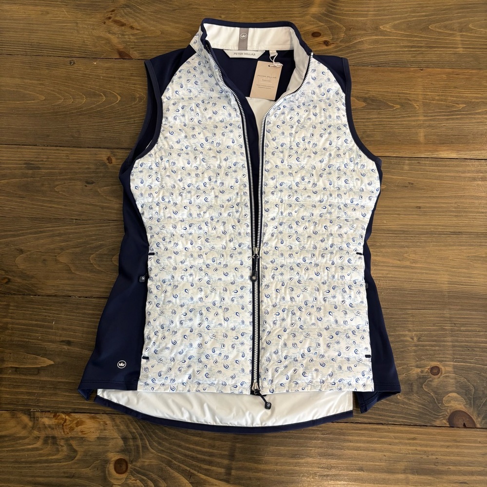 NWT Peter Millar white/navy Fuse Elite Tossed Paisley Hybrid Vest, Small